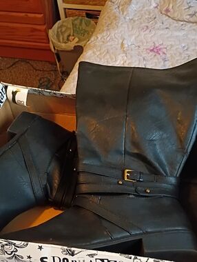 Black Mid-Calf Faux Leather Boots with Buckle Detail